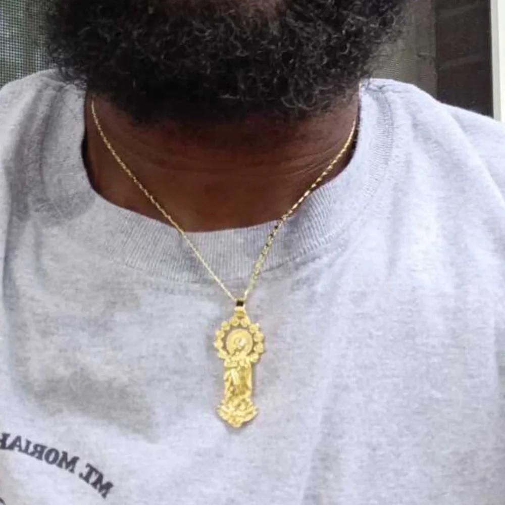 14k Gold Plated Womens Mens Link Chain And Virgin Mary Pendant Necklace 18” - Picture 5 of 16